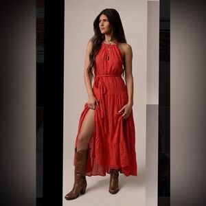 Dress Forum: Red Swiss Dot Halter Maxi Tiered Tied Dress Small (Easter, Summer)